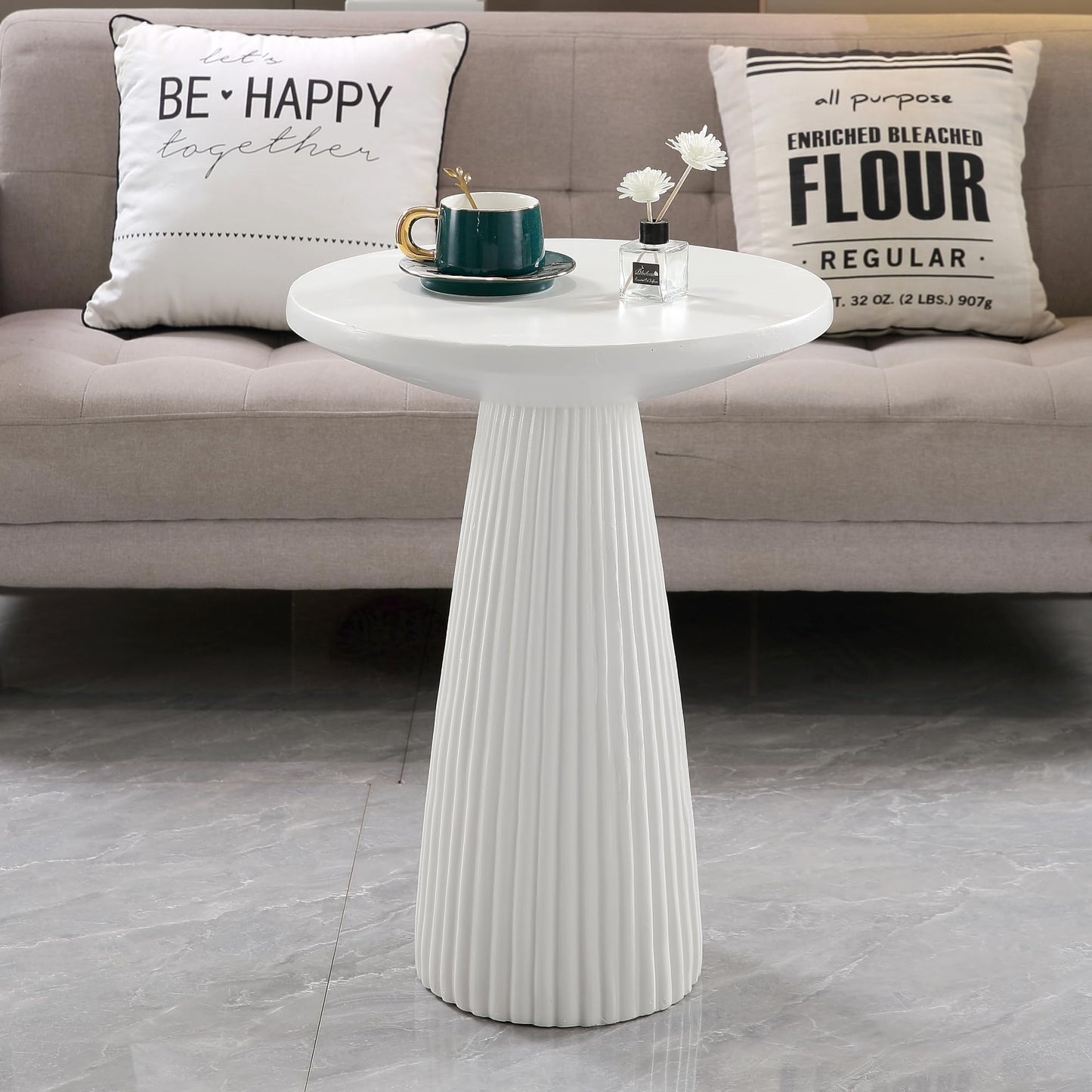 KEIKI Magnesium Oxide Fluted Base Side Table, 19.69" Round End Table for Indoors, Outdoors, Mid-Century Modern Side Table, Circle Fluted End Table for Living Room Patio, Ivory White