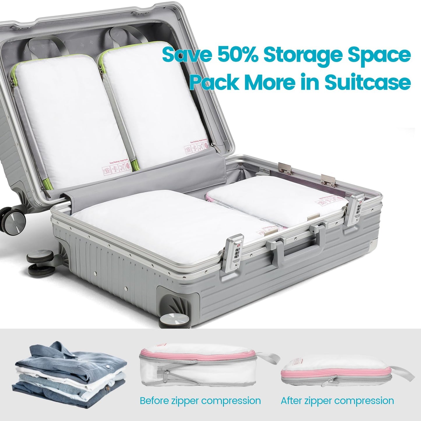Cambond Compression Packing Cubes for Travel Women - 3 Pack Luggage Organizers Bags Travel Essentials Compression Cubes for Carry on Suitcases, White