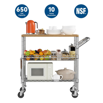 WDT 3 Tier Rolling Kitchen Carts with Wheels, Heavy Duty Rolling Utility Cart with Wood Tabletop, Commercial Grade Metal Cart with Handle and Hooks, NSF Storage Serving Island Carts, Light Wood+Metal