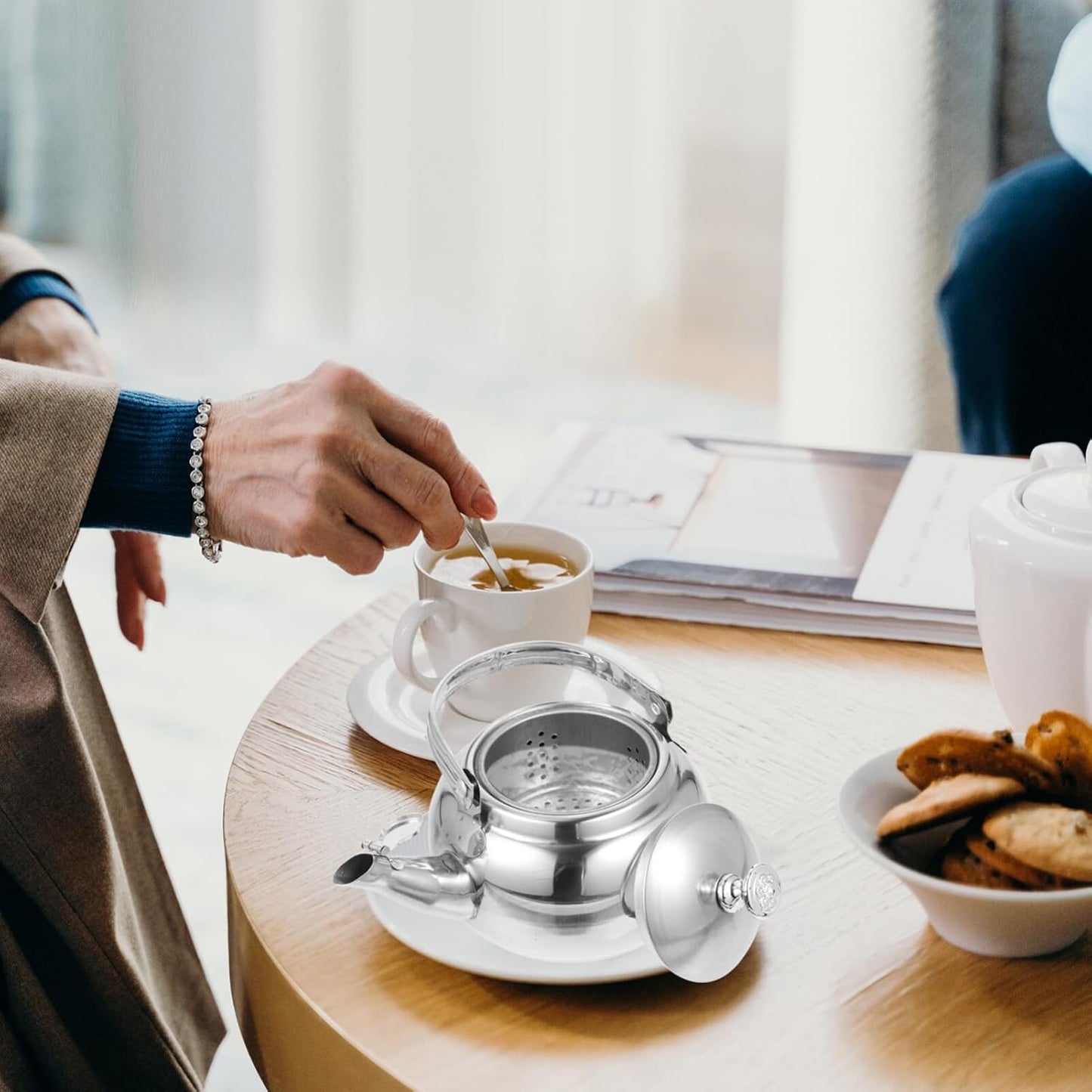 PRETYZOOM Stainless Steel Tea Pot with Infuser, 14cm Stovetop Teapot for Blooming and Loose Leaf Tea, Silver