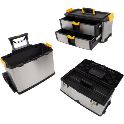 3-Part Portable Tool Box - Stainless-Steel Drawer Organizer with Wheels, Extendable Handle and Tough Latches - Rolling Tool Chest by Stalwart (Silver)