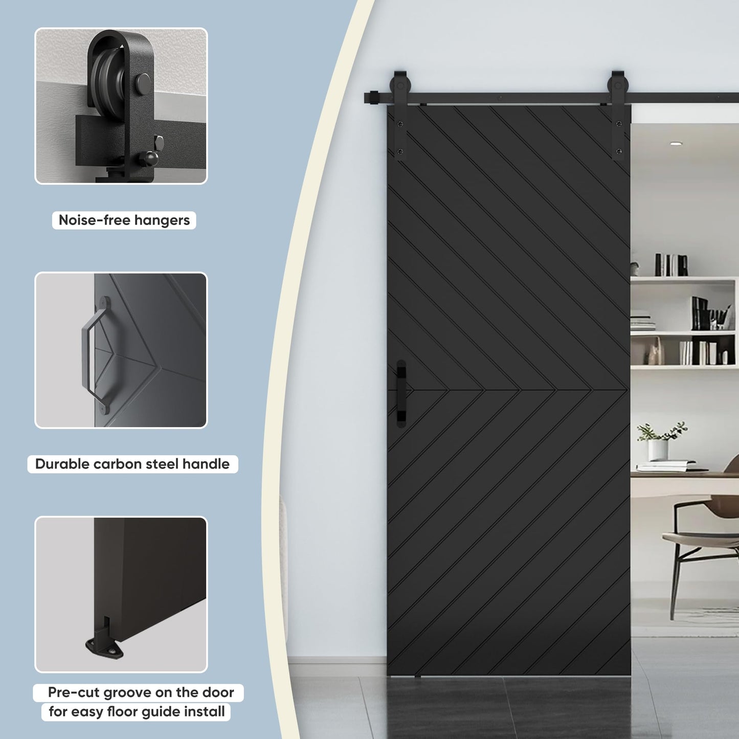 JUBEST 36 in. x 84 in. Sliding Barn Door Modern Door with 6FT Hardware Kit Icluded, Hollow-core Chevron Interior Doors with PVC Covered, Waterproof Surface, Easy to Install, Black