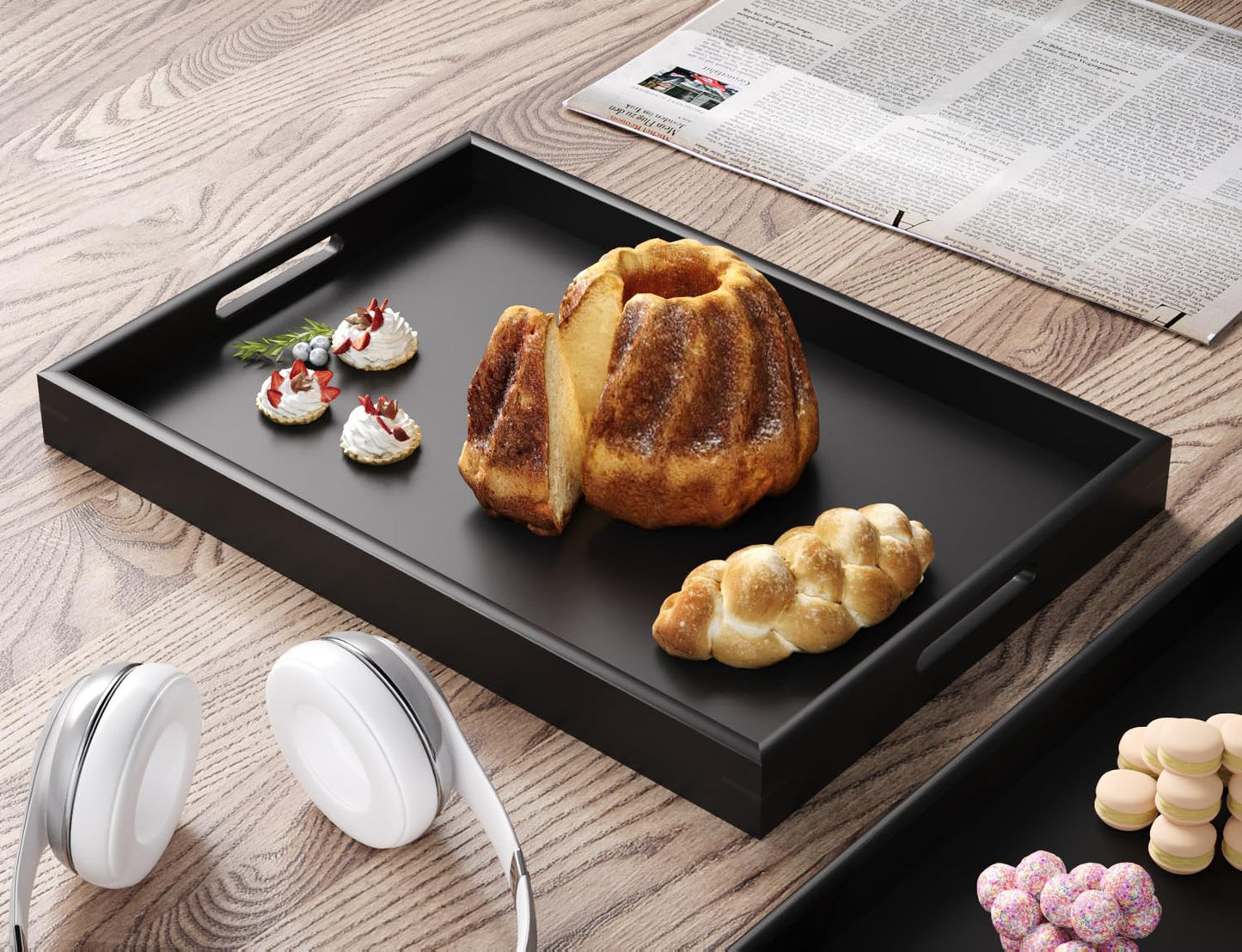 Fibogollo Bamboo Set of 2 Serving Tray with Handles,Decorative Trays Platter,Breakfast Tray in Bed,Food Drinks Tray for Eating,Working,Storing(Black)