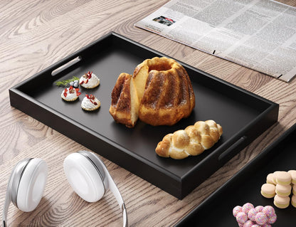 Fibogollo Bamboo Set of 2 Serving Tray with Handles,Decorative Trays Platter,Breakfast Tray in Bed,Food Drinks Tray for Eating,Working,Storing(Black)