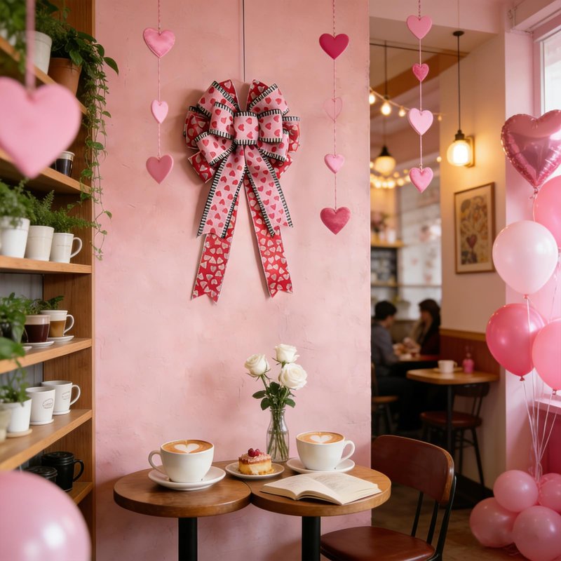 idyllic 18x10 Inch 2 Pcs Valentine's Day Pink Bow with Heart Print, Decor for Wreath Mantel Wall Window for Valentine's Day Wedding Anniversary Candlelight Dinner Home Decor Gift