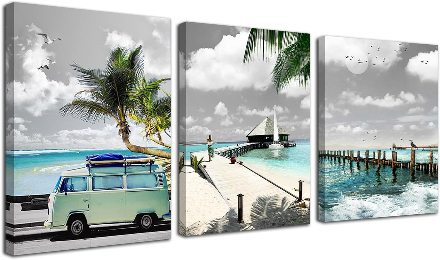 Acocifi Ocean Canvas Wall Art - Mint Green Beach Coastal Seascape Painting - Framed Tropical Palm Tree Print 12"x16"x3