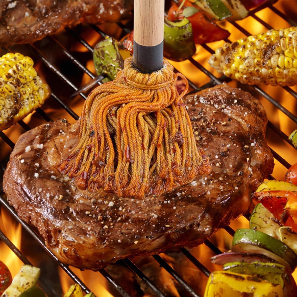 Basting Mops Brush Set for BBQ Grilling 15.5" & 11.2" - Detachable Wooden Handle Sauce Brushes with 4pcs Extra Replacement Heads & 1 Silicone Brush - BBQ Mop for Outdoor Cooking, Camping