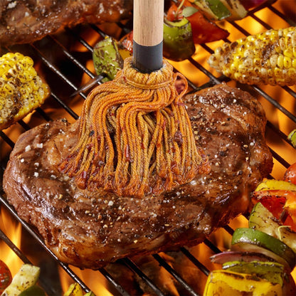 Basting Mops Brush Set for BBQ Grilling 15.5" & 11.2" - Detachable Wooden Handle Sauce Brushes with 4pcs Extra Replacement Heads & 1 Silicone Brush - BBQ Mop for Outdoor Cooking, Camping