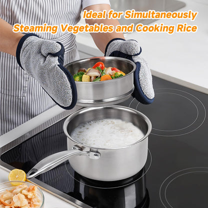Ohtomber Stainless Steel Sauce Pan - Tri-Ply 1.5 Quarts Steamer for Cooking, Small Cooking Pot with Steamer Basket, Sauce Pan with Lid, Non Stick Saucepan, Induction Steam Pot for Vegetable, Oatmeal