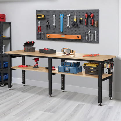 Albott 96" Adjustable 2-Tier Workbench with Solid Wood Top, Max 6000lbs Capacity, Built-in Power Strip with 4 AC Outlets & 2 USB Ports, Pegboard & 20 Hooks, Shop Garage Office