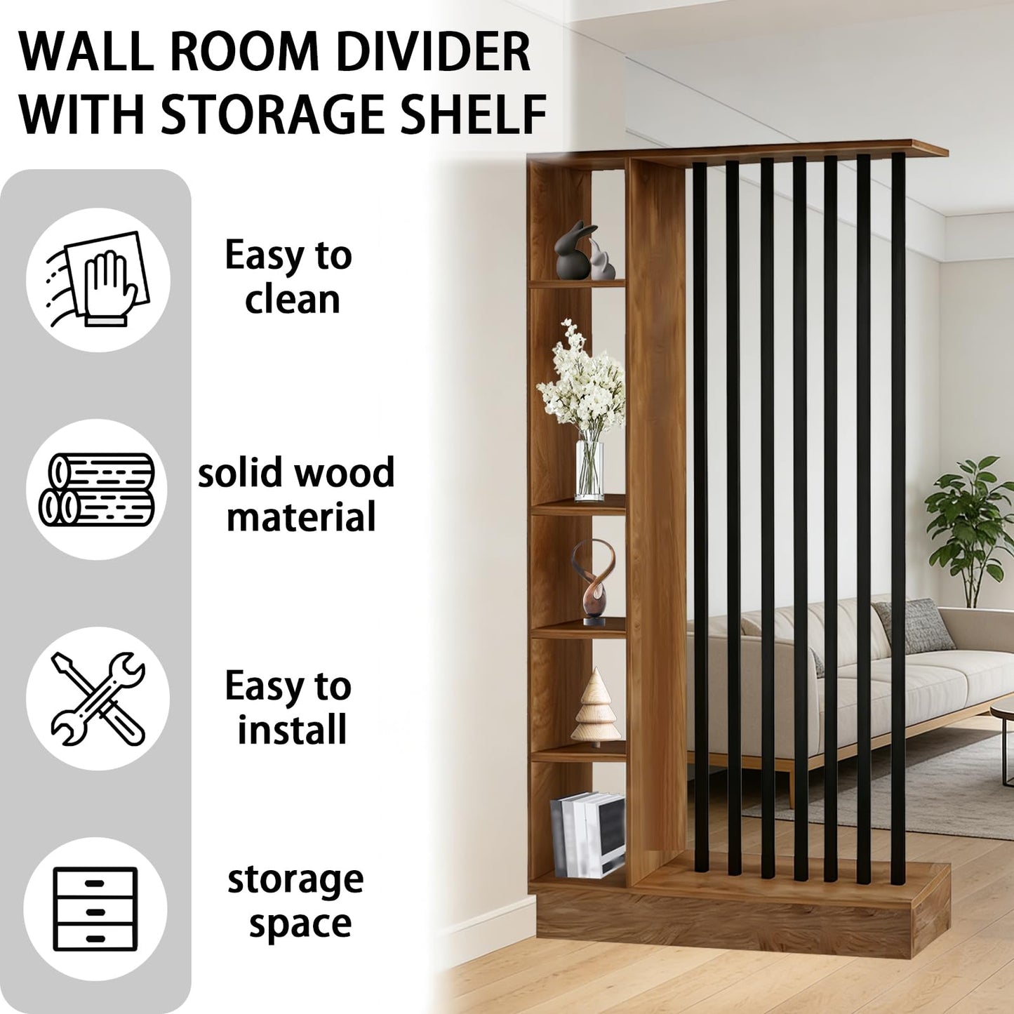 Room Divider with Shelves, Wall Room Divider with Storage Shelf, Easy to Assemble, Suitable for Home and Office Decoration (A Golden Oak + Black, 39.4in)