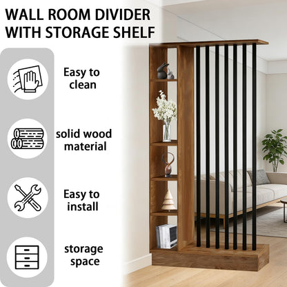 Room Divider with Shelves, Wall Room Divider with Storage Shelf, Easy to Assemble, Suitable for Home and Office Decoration (A Golden Oak + Black, 39.4in)