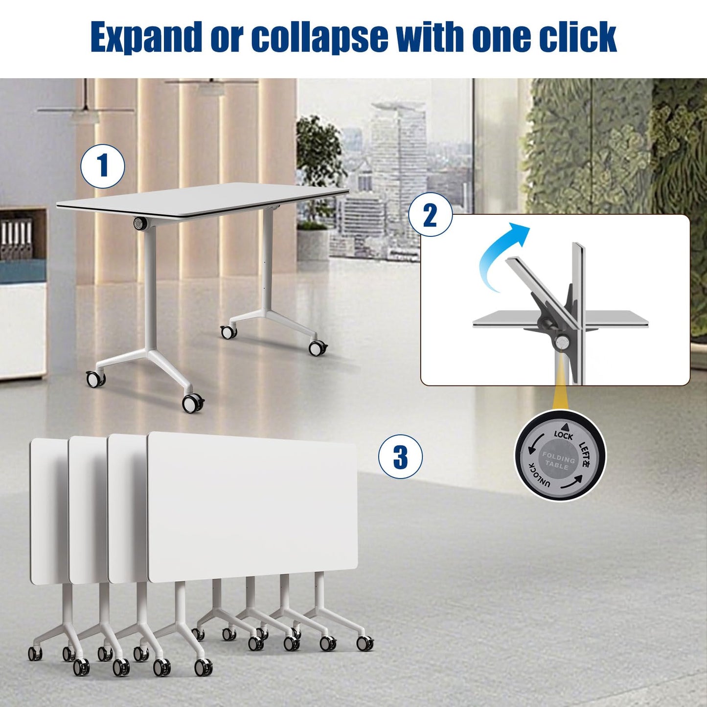 Modular Folding Conference Room Table with Wheels - 4 Pack Flip Top Mobile Training Table,Modern Meeting Tables 2-30 Person,White,55.1"x21.6"x29.5"