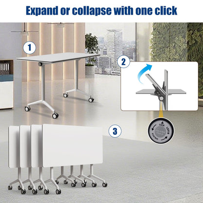 Modular Folding Conference Room Table with Wheels - 4 Pack Flip Top Mobile Training Table,Modern Meeting Tables 2-30 Person,White,55.1"x21.6"x29.5"