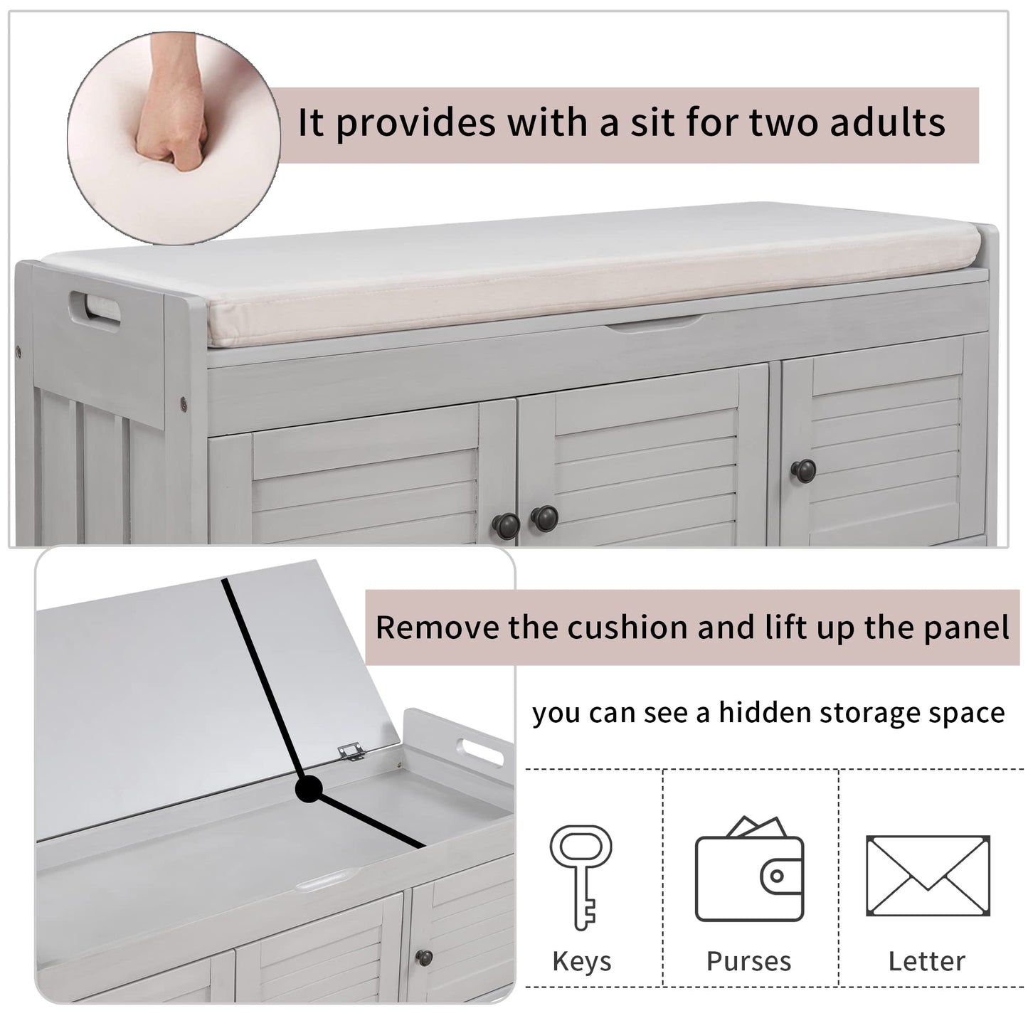 Bellemave Storage Bench with 3 Shutter-Shaped Doors and Flip-Open Storage Box, Shoe Rack for Entryway and Hallway,Shoe Bench with Adjustable Shelves Storage Space and Removable Seat Cushion, Gray Wash