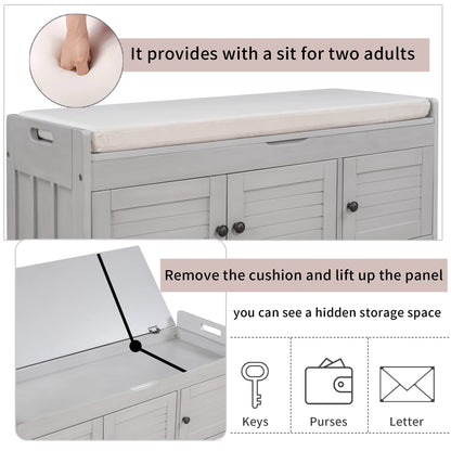 Bellemave Storage Bench with 3 Shutter-Shaped Doors and Flip-Open Storage Box, Shoe Rack for Entryway and Hallway,Shoe Bench with Adjustable Shelves Storage Space and Removable Seat Cushion, Gray Wash