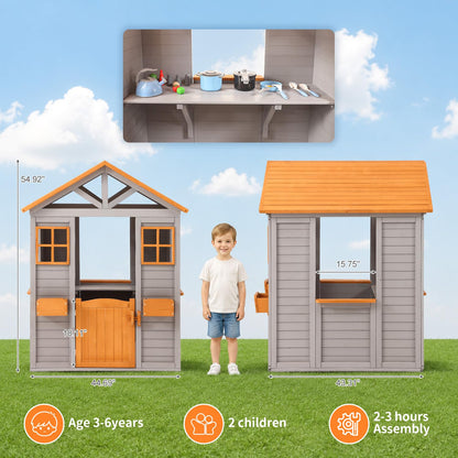 KizzParnrr Wooden Kids Playhouse with Play Kitchen, Half Door Windows, Flowerpot Holders, Toys PlaySet for Backyard Play (Brown and Grey)