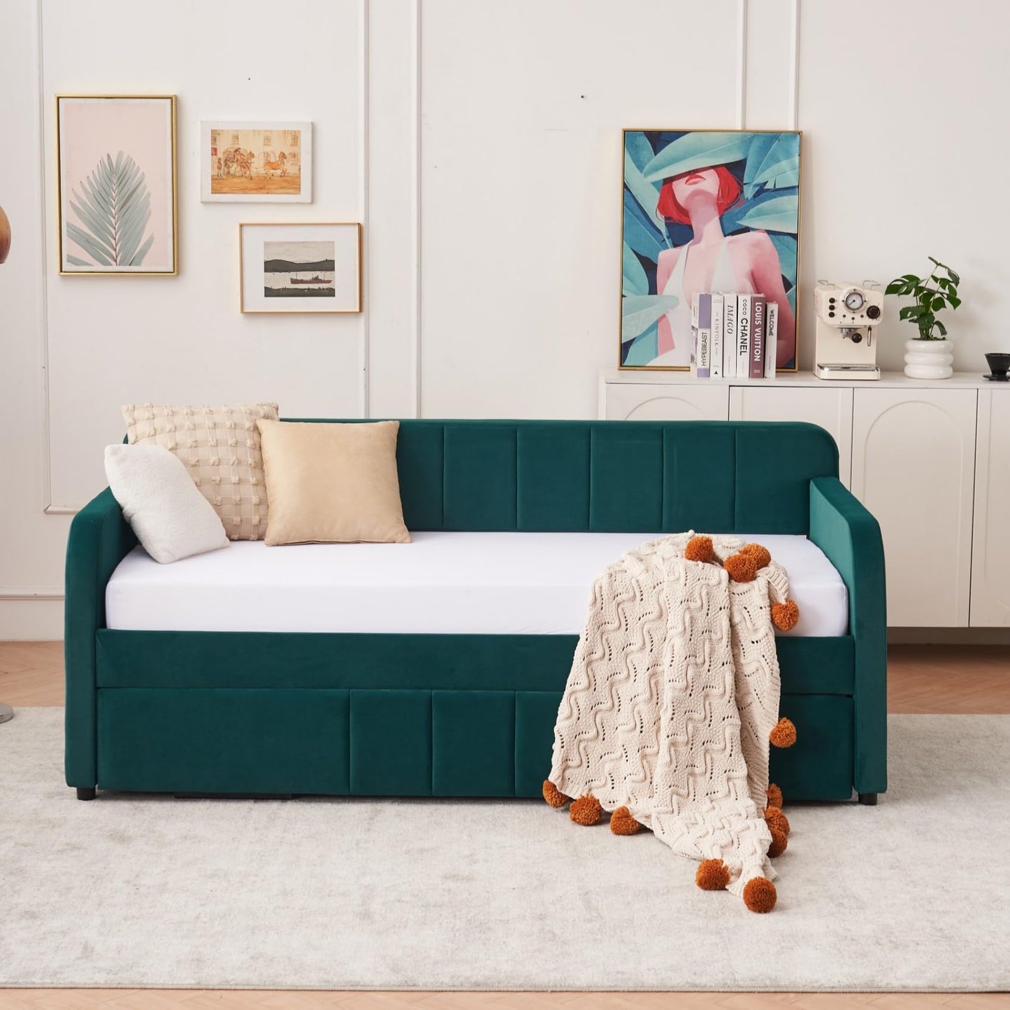 KEIKI Twin Velvet Corner Daybed with Liftable Trundle, USB Charging, Pockets, Converts to King Size, Upholstered Headboard Captain Sofa Day Bed Frames for Small Room, Bedroom, Kids' Room, Emerald