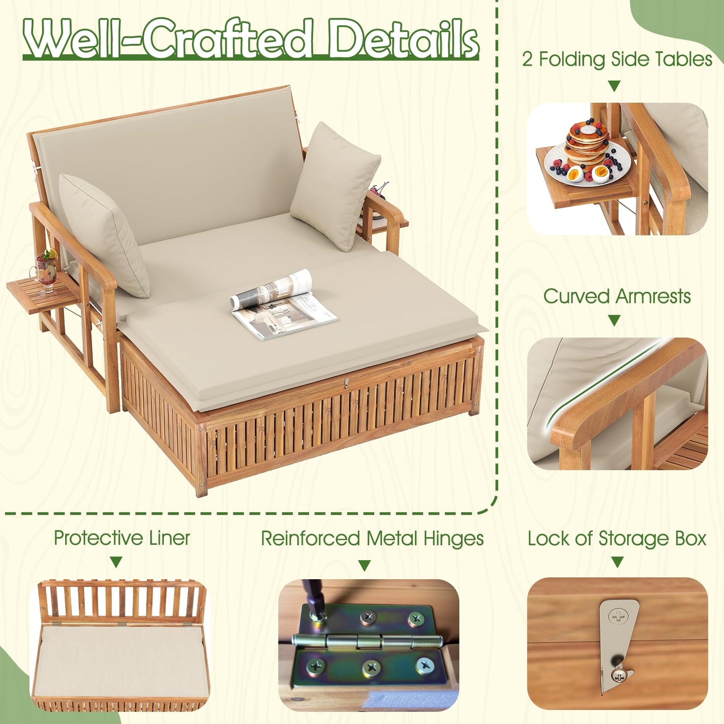 LDAILY Moccha Acacia Wood Outdoor Daybed - Wooden Loveseat Sofa with 4-Level Backrest, Storage Ottoman, Cushions, Outside Sunbed, Double Bed Lounger for Backyard Porch Pool Patio Furniture Set