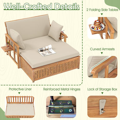 LDAILY Moccha Acacia Wood Outdoor Daybed - Wooden Loveseat Sofa with 4-Level Backrest, Storage Ottoman, Cushions, Outside Sunbed, Double Bed Lounger for Backyard Porch Pool Patio Furniture Set