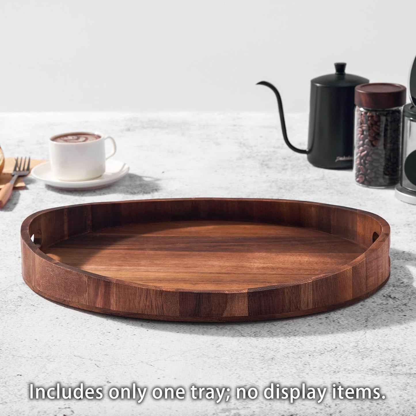 SARUFO Counter, Acacia Wood Round Ottoman Tray Decorative Serving Tray with Handles for Coffee Table, Breakfast in Bed