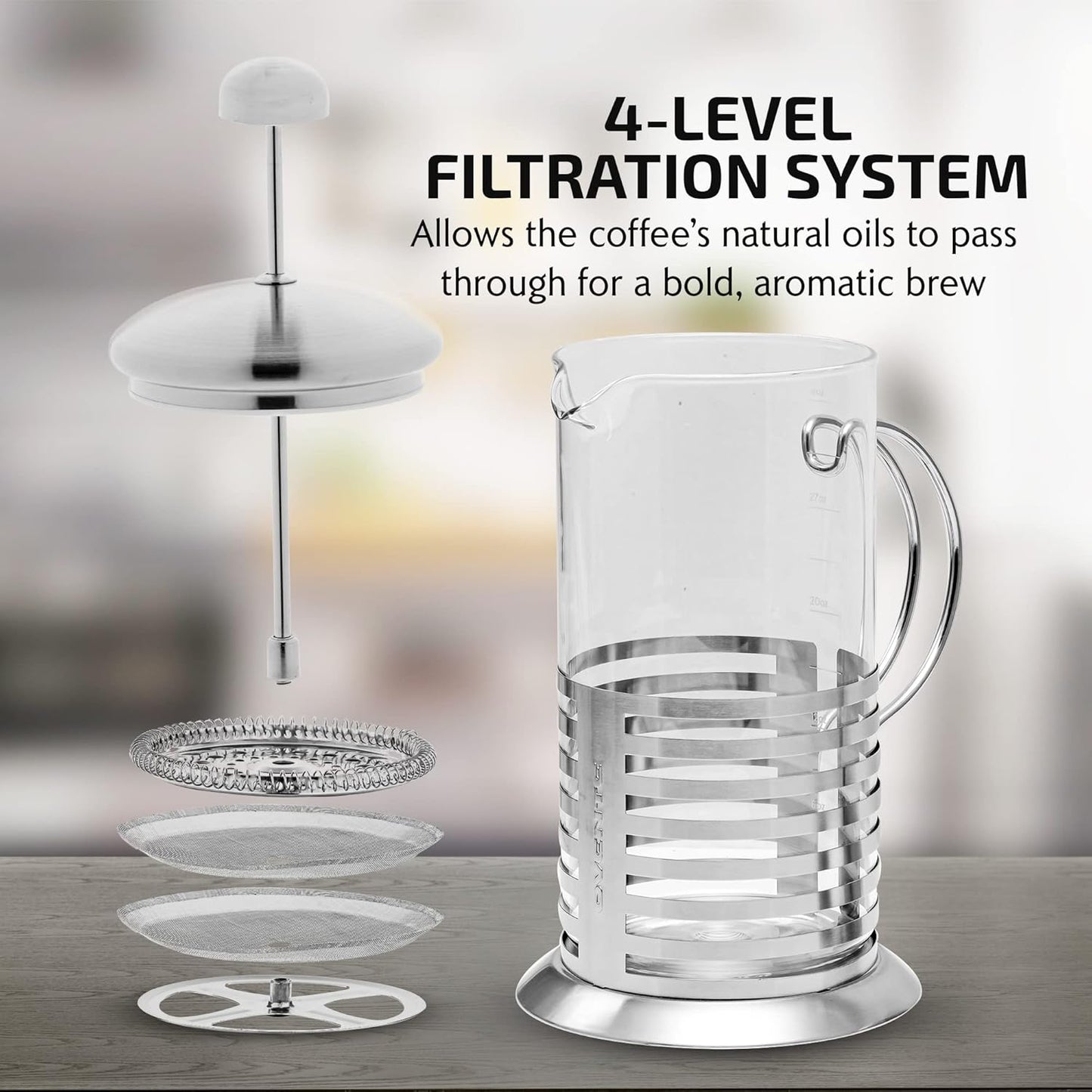 OVENTE 34 Ounce French Press Coffee & Tea Maker, Silver, 4 Filter Stainless Steel Plunger & Borosilicate Glass