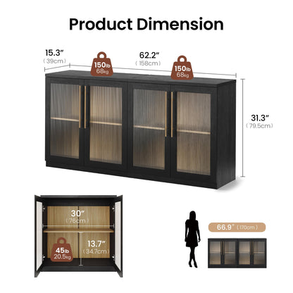 ModernMate Set of 2 Accent Sideboard Cabinets, 62" Modular Storage Buffet Table with Acrylic View Doors, Black Wood Grain Media Console with Soft-Close Hinges for Living Room, Dining Room