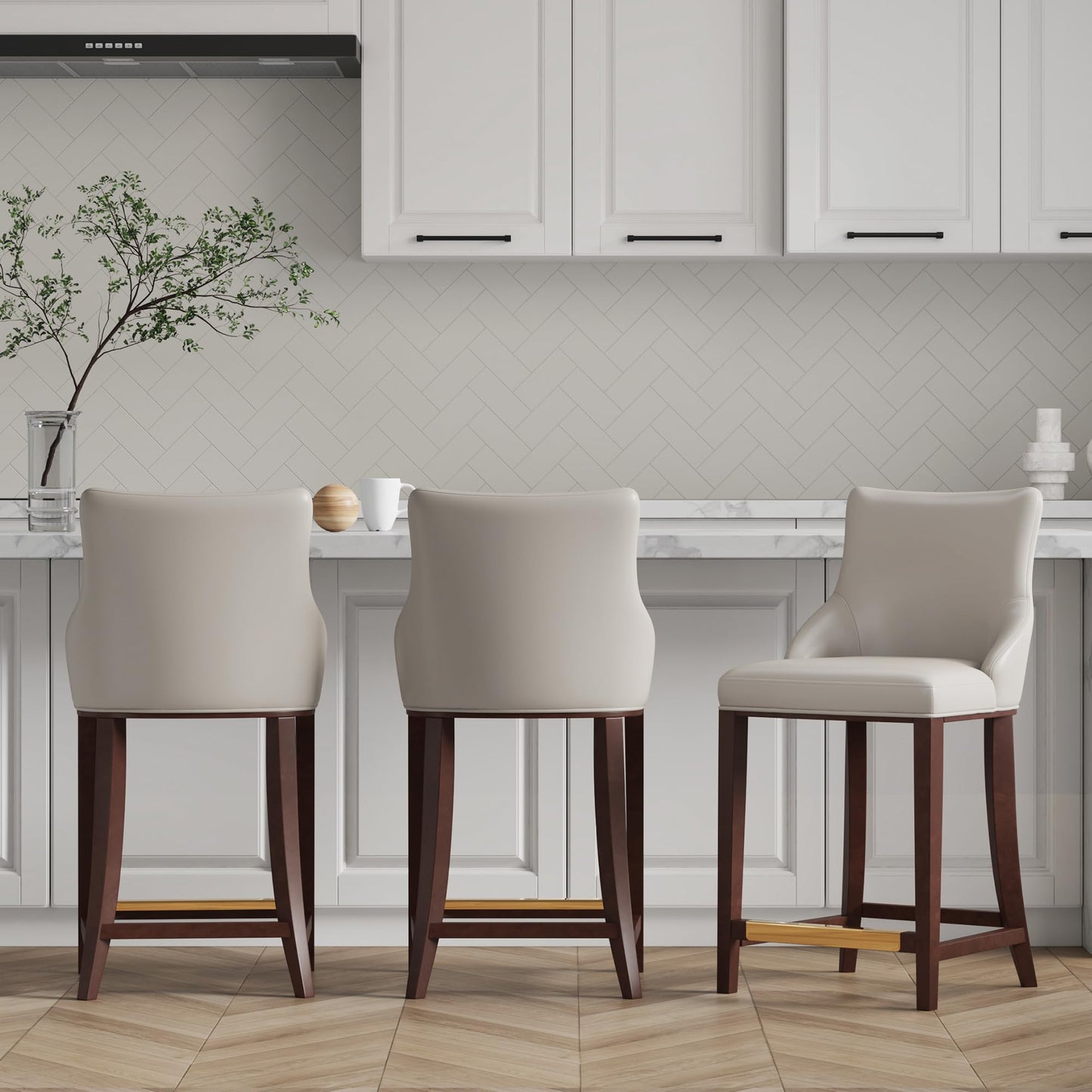 Manhattan Comfort Shubert Modern 26 Inch Bar Stools - Elegant Faux Leather Upholstery, Foam Padded Seat, Solid Beech Wood Base with Gold Metal Footrest, Fully Assembled Barstools, Set of 2, Light Grey