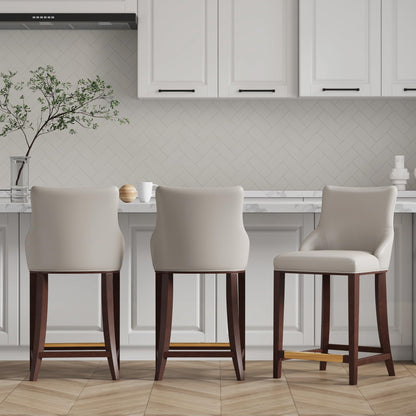 Manhattan Comfort Shubert Modern 26 Inch Bar Stools - Elegant Faux Leather Upholstery, Foam Padded Seat, Solid Beech Wood Base with Gold Metal Footrest, Fully Assembled Barstools, Set of 2, Light Grey