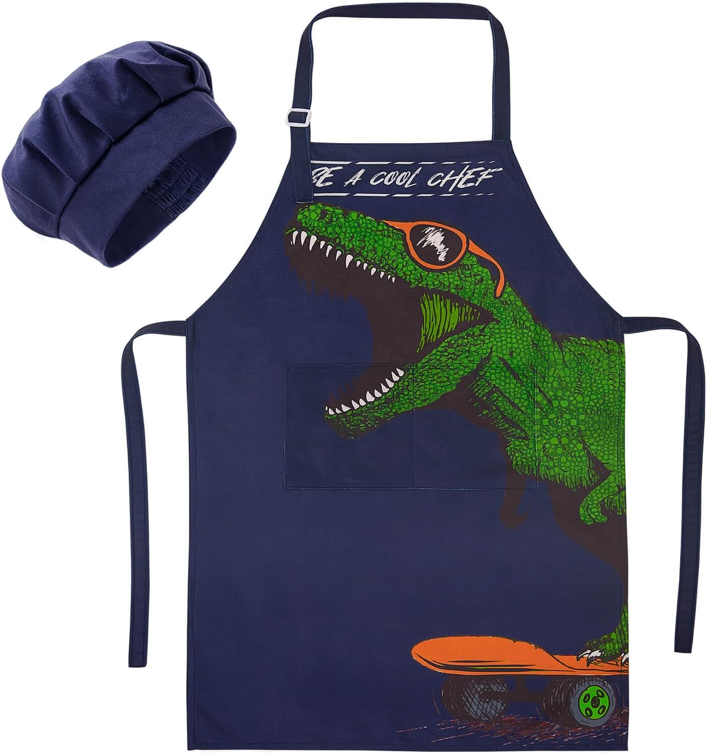 MHJY Kids Apron and Chef Hat for Boys, Adjustable Dinosaur Child Aprons with Pockets for Cooking Baking Painting 3-12