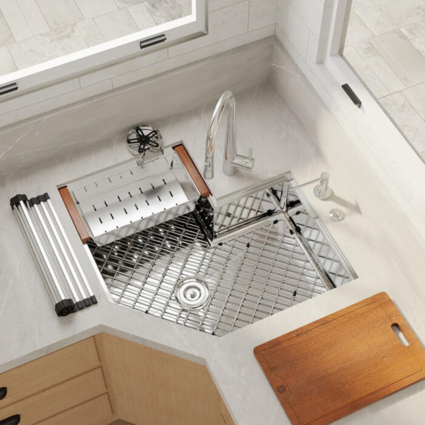 Strictly Sinks 30 Inch Corner Kitchen Sink Undermount– 16 Gauge Stainless Steel Butterfly Sink Undermount, Scratch & Stain Resistant Corner Single Bowl Workstation Sink with Accessories (Silver)