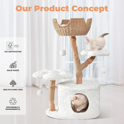 Easyego Modern Cat Tree, 40.5" Aesthetic Wood Cat Tree Tower for Large Cats, Luxury Cat Condo with Scratching Posts and Flower Platforms, Cat Furniture, White