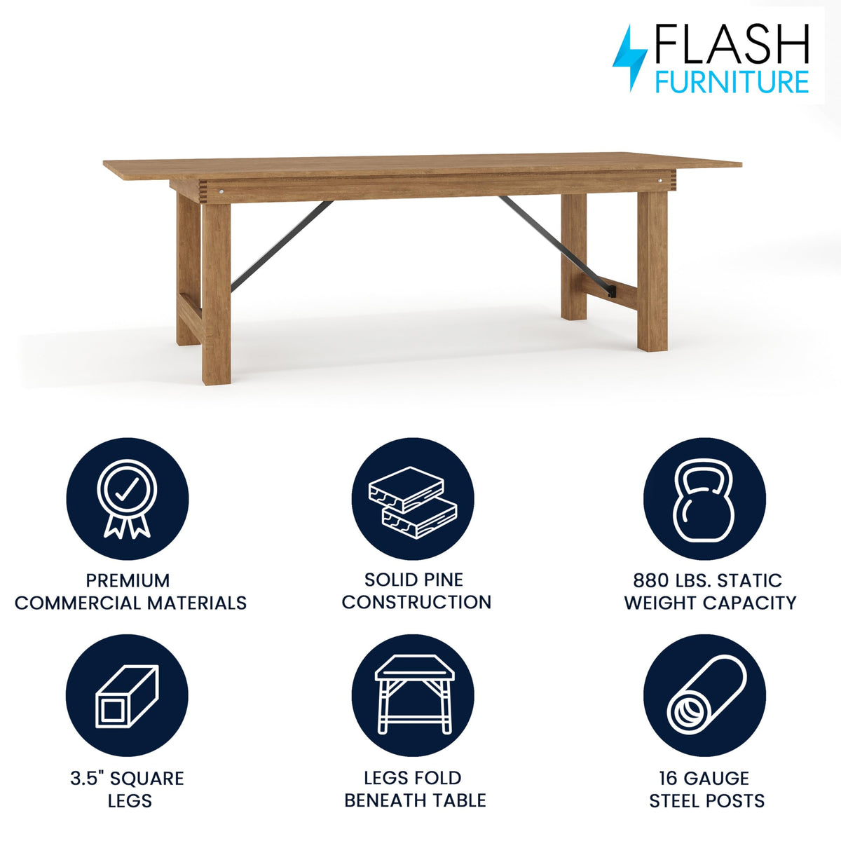 Flash Furniture Hercules Series 8' x 40" Rustic Solid Pine Folding Dining Table, Rectangular Antique Farmhouse Dining and Event Extension Table