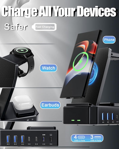 Wireless Charger for Samsung,300W 10 in 1 Wireless Charging Station, 65W USB C Fast Charging Stand for Samsung S25 Ultra/S24/S23/S22/Note 20,Galaxy Watch Ultra7/6/5,Galaxy Buds(Not for Apple Watch)