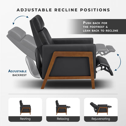 Lexicon Push Back Recliner Chair, Faux Leather Upholstered Reclining Chair with Footrest, Exposed Dark Brown Finish Wood Frame, Small Recliner for Small Space, Living Room, Bedroom, Black