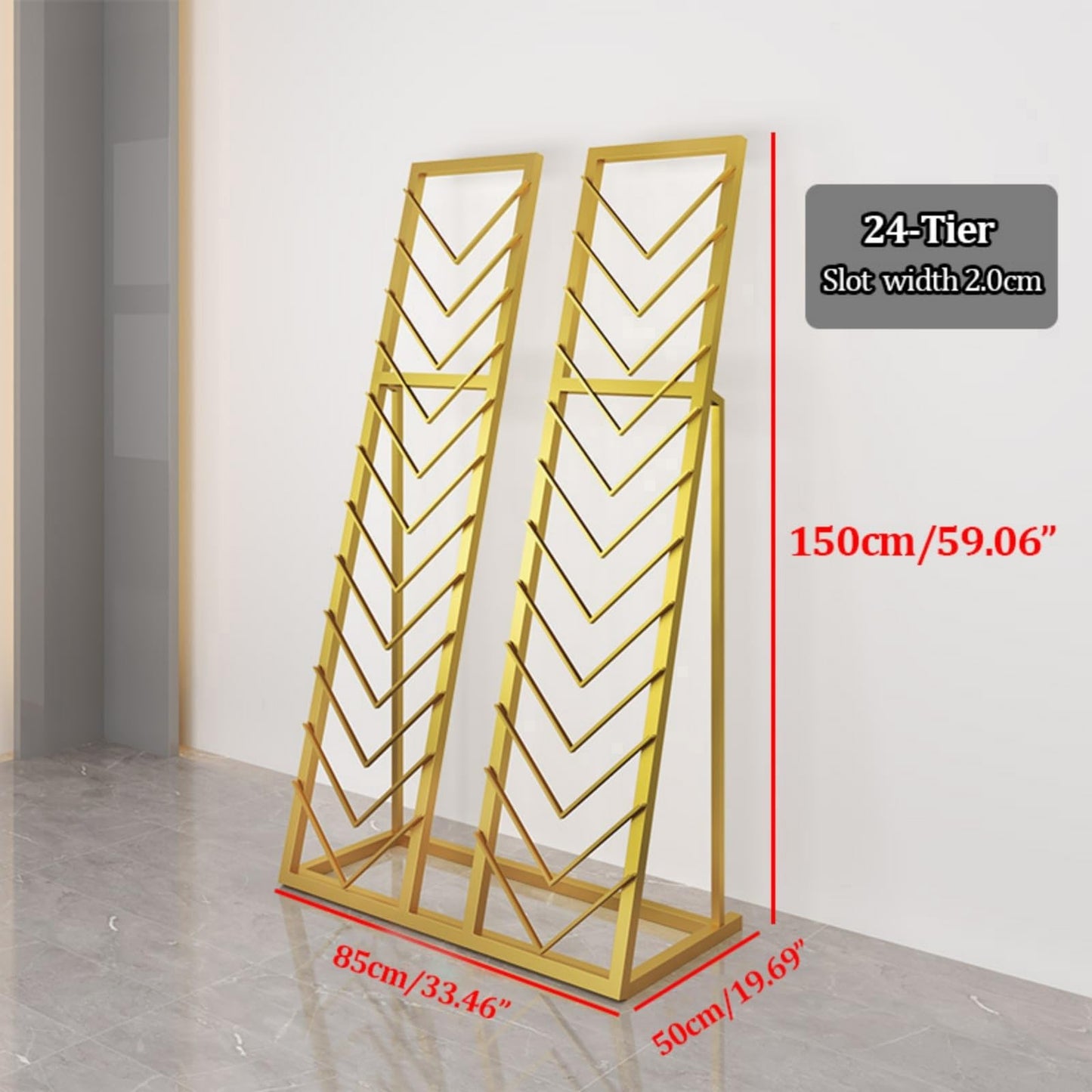 Metal Ceramic Tile Display Rack, Standing Slotted Flooring Display Shelf, Large Floor Storage for Tiles, Wooden Floor Sample Holder for Showroom & Retail Use (Double Row)(Gold,Small)