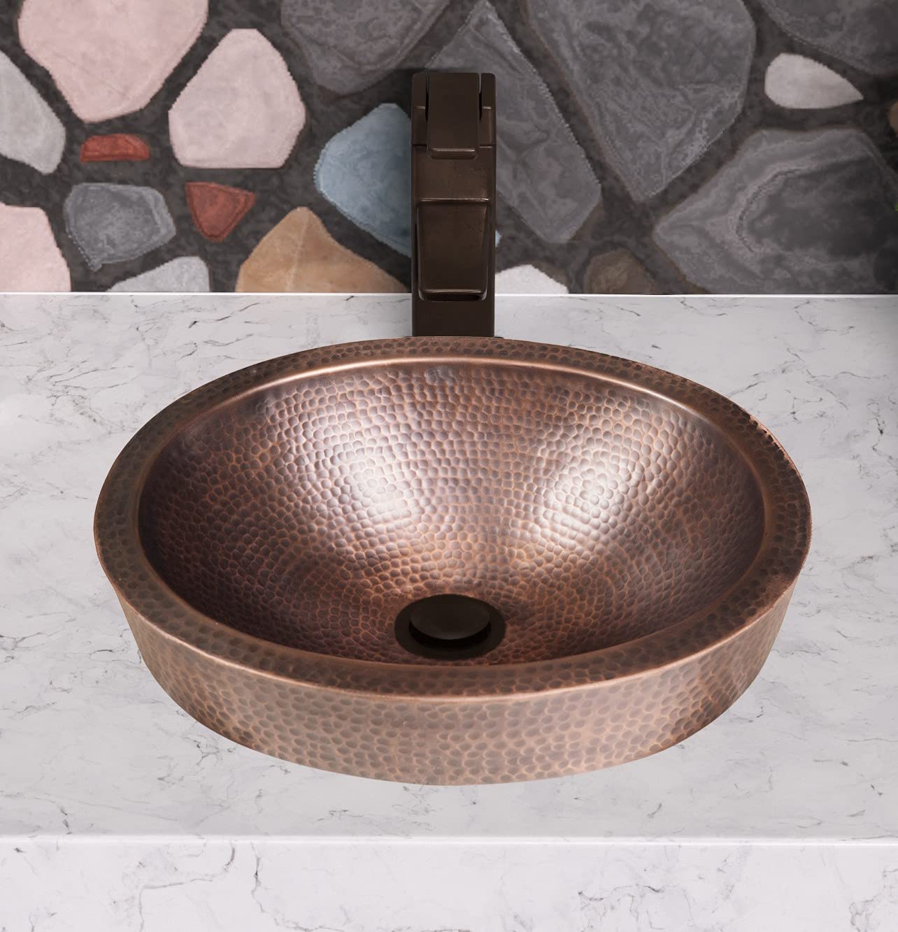 Monarch Abode Bathroom Sink – 17-Inch Oval Skirted Drop In Bathroom Sink, Top Mount Hand Hammered Pure Copper Vanity Sinks for Countertop, Powder Room or Restroom, Drop in Sinks for Bathrooms
