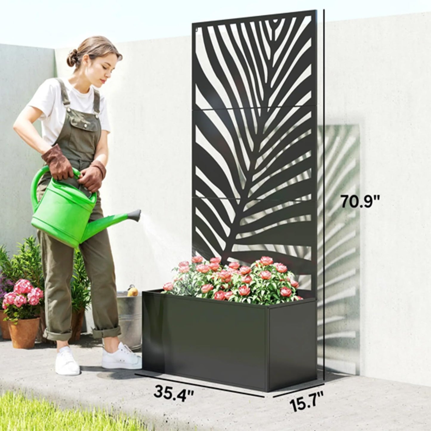 Amgalers Leaf Cutout Privacy Screen Planter Box with Trellis, Metal Raised Garden Bed for Patios, Balconies & Gardens(Large)