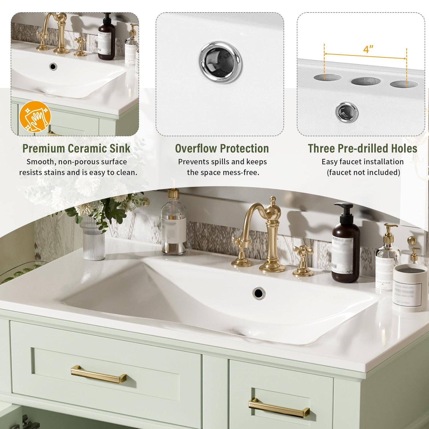 Favfurish 30" Bathroom Vanity with Ceramic Sink, Modern Storage Cabinet with Soft-Close Doors,Deep Drawer & Standard Drawer, Stylish Bath Vanity for Small Bathroom,Easy Assembly,Green