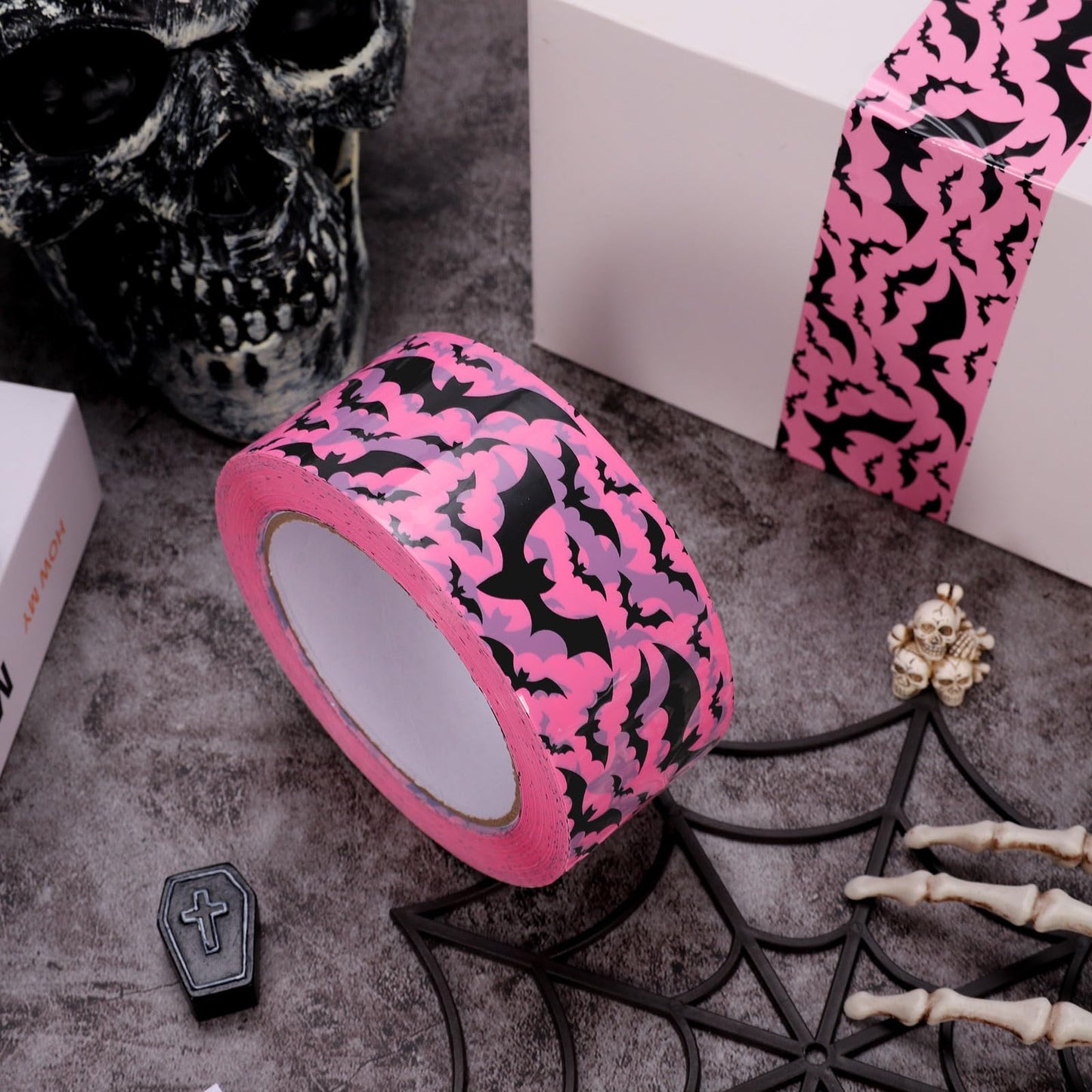 Whaline 109 Yard Halloween Packing Tape Pink Black Bat Decorative Gift Wrapping Tape for Small Business DIY Crafts Box Carton Decor