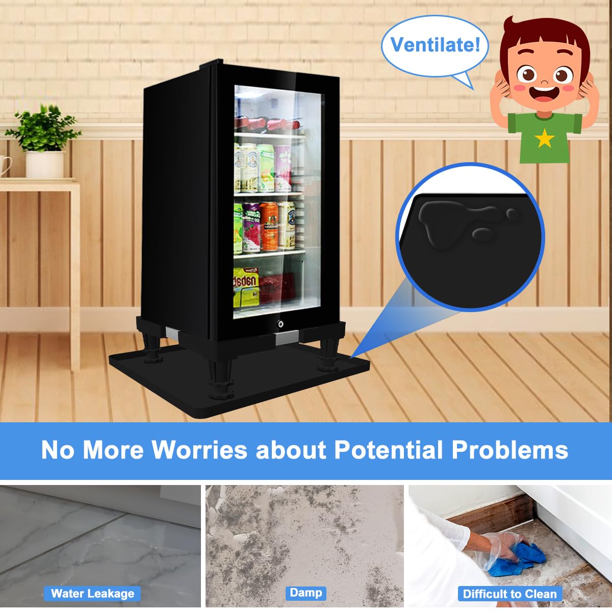 KUPAO Mini Fridge Stand with Silicone Drip Tray, Universal Adjustable Base with 4 Strong Feet, 23.6" x 23.6" Mini Fridge Mat, Suitable for Small Refrigerators, Portable Compact Washer or Dryer, Black
