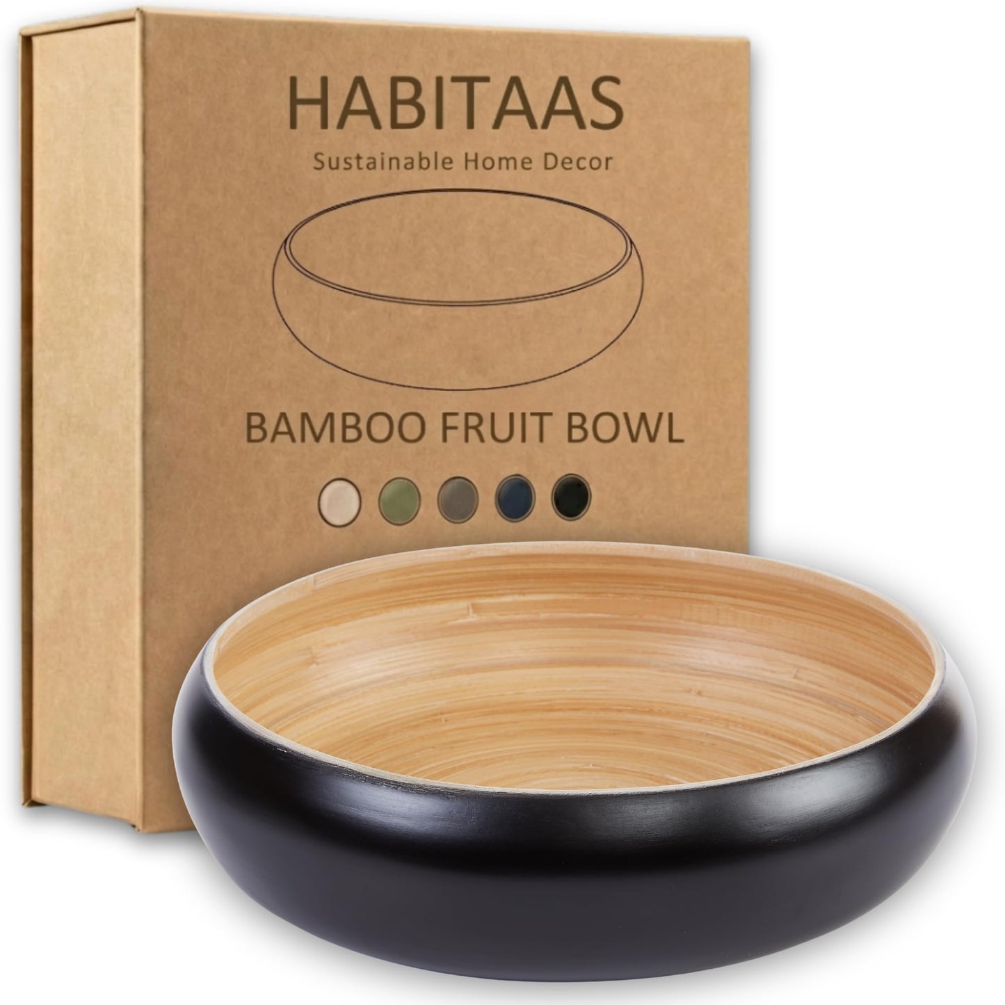 HABITAAS Fruit Bowl for Kitchen Counter – Handmade Spun Bamboo, Large 11.75" Fruit Basket, Eco-Friendly Decorative Serving Bowl for Home Decor, Produce Storage & Centerpiece (Black)
