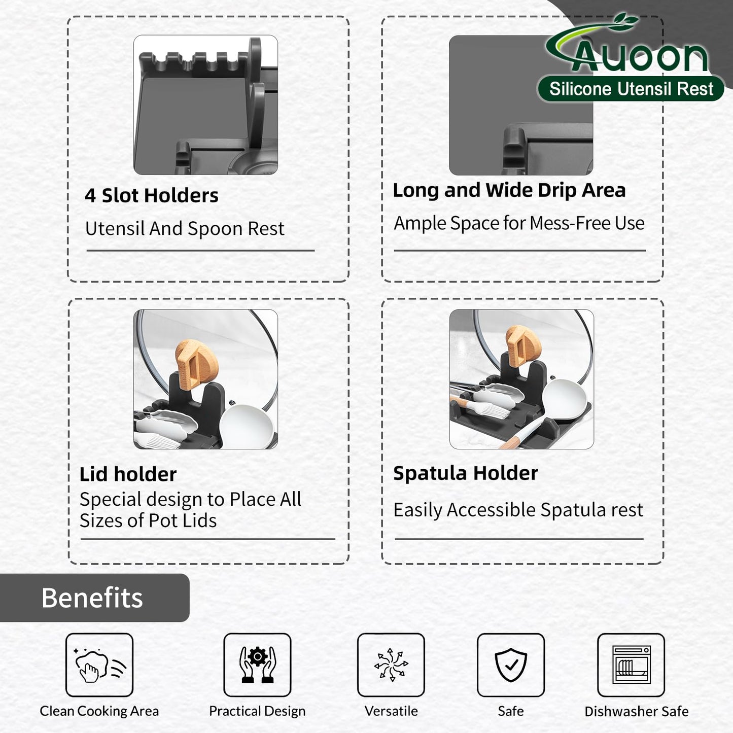 Auoon Silicone Spoon Rest with Lid Holder - 3 in 1 Kitchen Utensil Rest for Soup Ladles, Pot Lids, Spatulas, Spoons, Tongs, BPA Free & Dishwasher Safe, 8.26 x 8.06 Inch (Gray, Large)