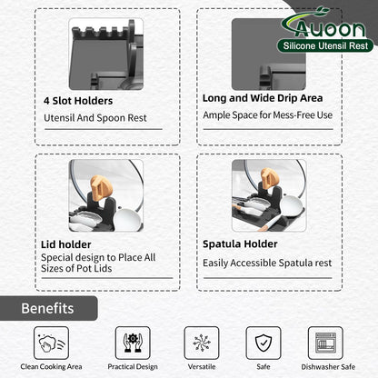 Auoon Silicone Spoon Rest with Lid Holder - 3 in 1 Kitchen Utensil Rest for Soup Ladles, Pot Lids, Spatulas, Spoons, Tongs, BPA Free & Dishwasher Safe, 8.26 x 8.06 Inch (Gray, Large)