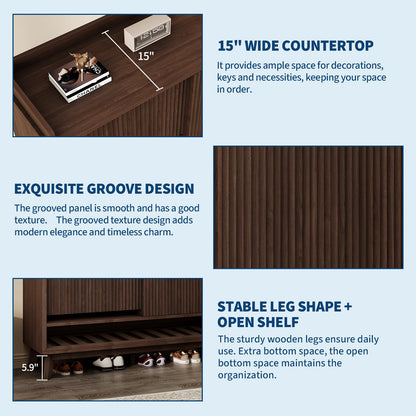 GarveeHome Narrow Fluted Shoe Cabinet Storage for Entryway, Wood Large Freestanding Shoe Organizer Cabinet with Sliding Door, 2 Flip Drawers, Adjustable Shelves Rack & Bottom Open Shelf