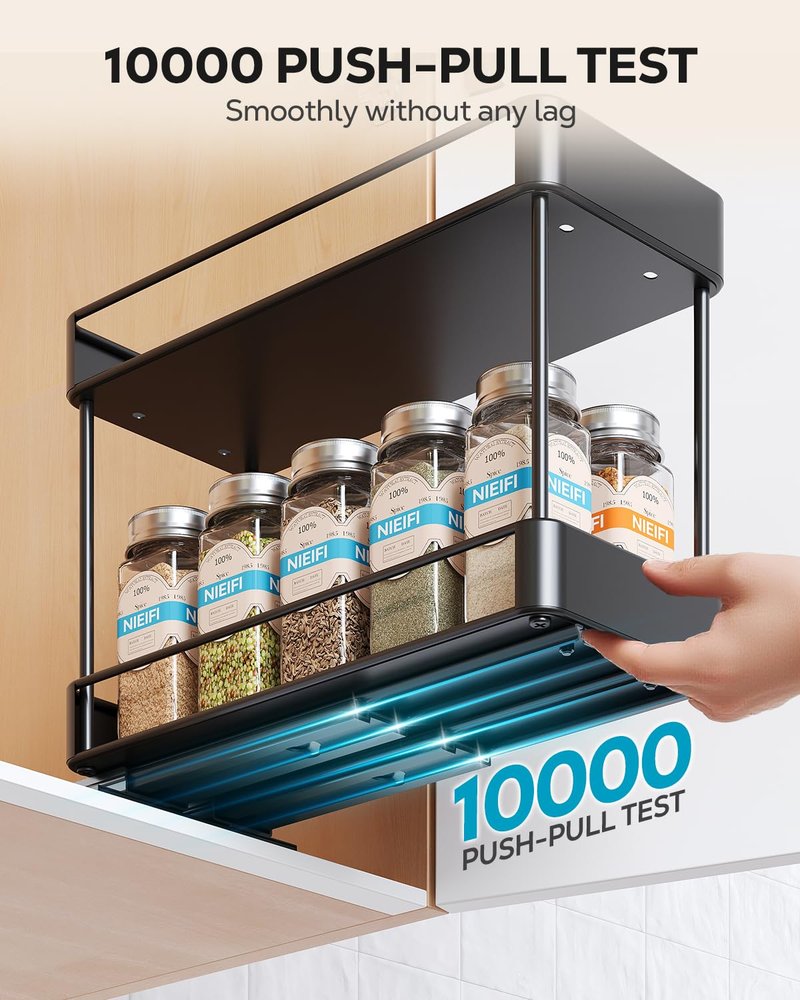 Nieifi Spice Rack Organizer for Cabinet, Vertical Spice Rack Pull Out, Easy to Install, Metal, 4.1''Wx10.35''Dx8.4''H, 2 Pack, 2 Tiers(Black)