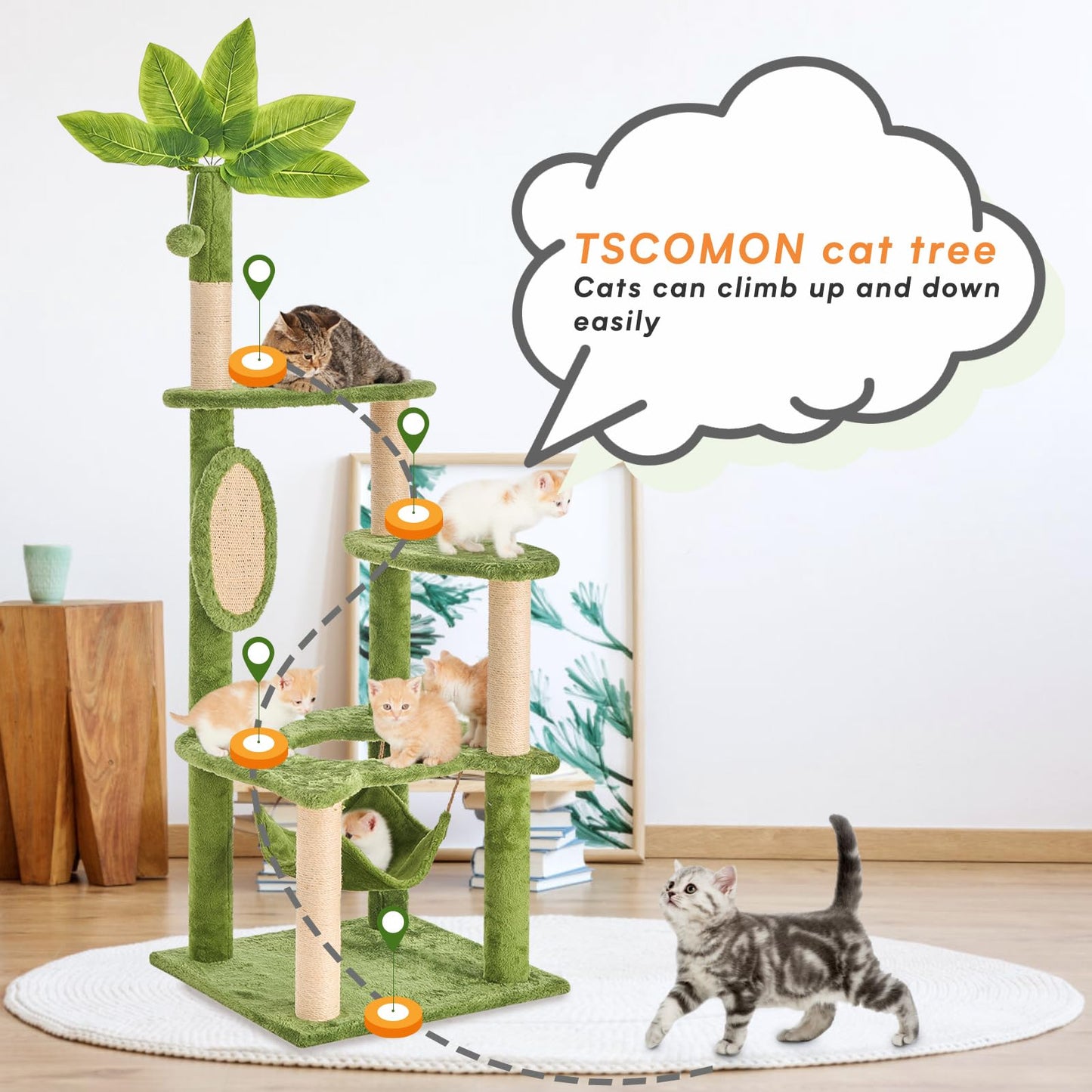 TSCOMON 55" Cat Tree for with Green Leaves, Multi-Level Large Cat Tower with Hammock, Plush Cat House with Hang Ball Toy and Sisal Scratching Posts Furniture, Green
