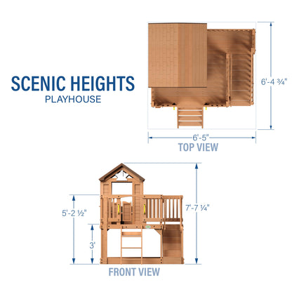 Backyard Discovery Scenic Heights Elevated Cedar Wooden Kids Playhouse with Play Kitchen, Wrap-Around Deck, Toy Storage Bench, Saloon-Style Doors, Ladder, Stairs, and Growth Chart for Outdoor Play