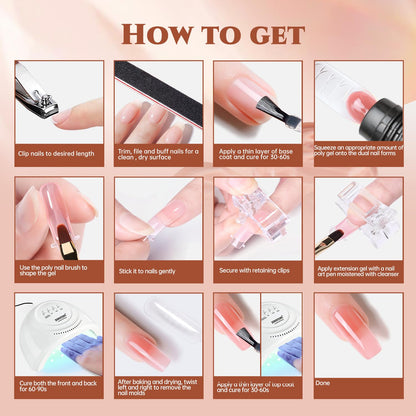 JEWHITENY Poly Extension Gel Nail Kit 14 PCS Poly Gel Kit with Slip Solution and Mini Lamp Nail Art Design Beginner