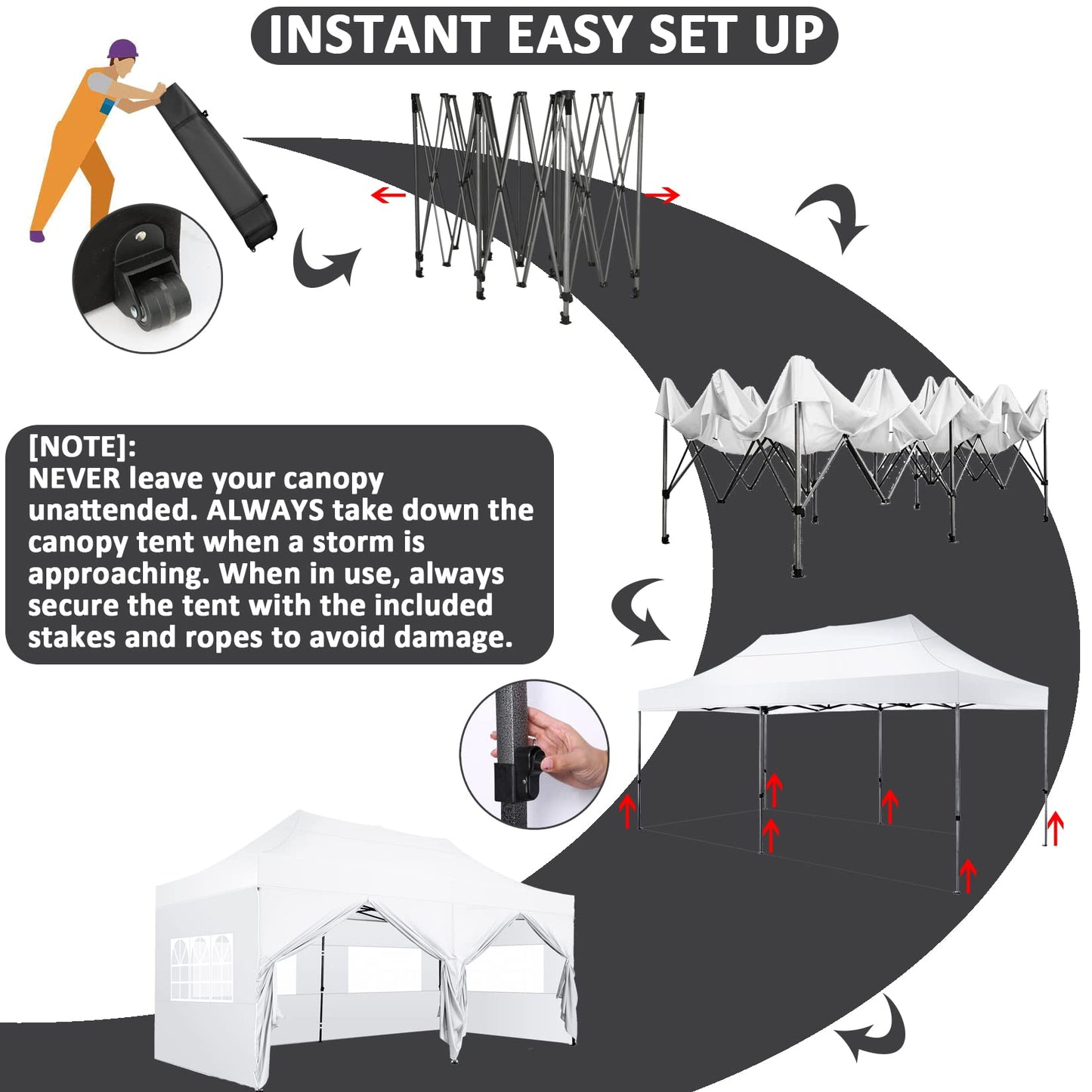 COBIZI 10x20 Pop Up Canopy with 6 Sidewall,Heavy Duty Canopy UPF 50+ All Season Wind Waterproof Commercial Outdoor Wedding Party Tents for Parties Gazebo with Roller Bag(10 x 20 ft Snow White)